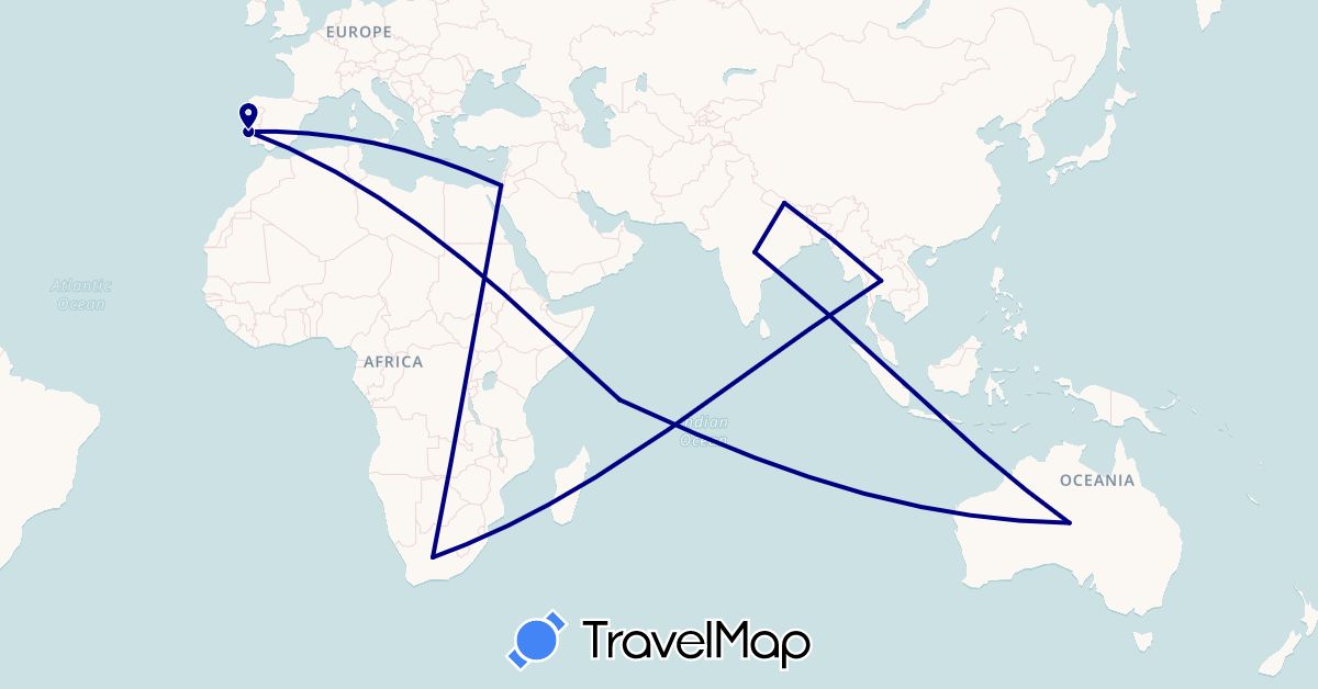 TravelMap itinerary: driving in Australia, Israel, India, Nepal, Portugal, Seychelles, Thailand, South Africa (Africa, Asia, Europe, Oceania)